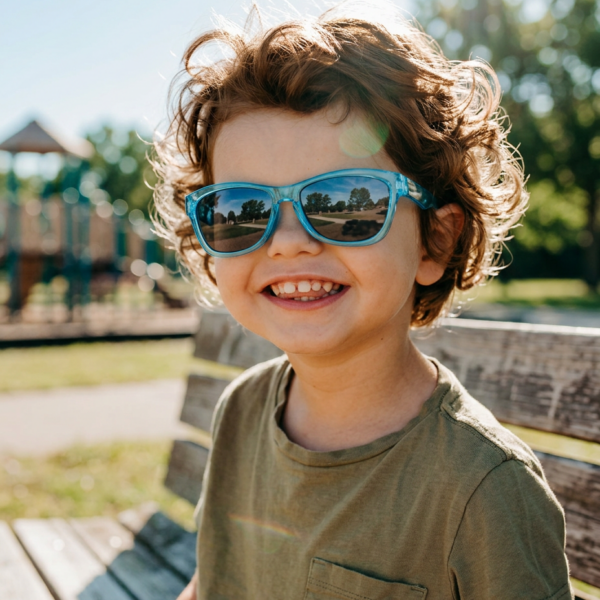 A smiling young boy wearing blue sunglasses sits on a wooden park bench on a sunny day.