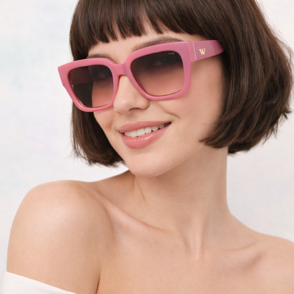 Woman with a short brown bob, wearing oversized pink sunglasses and an off-the-shoulder white top, smiling at the camera.