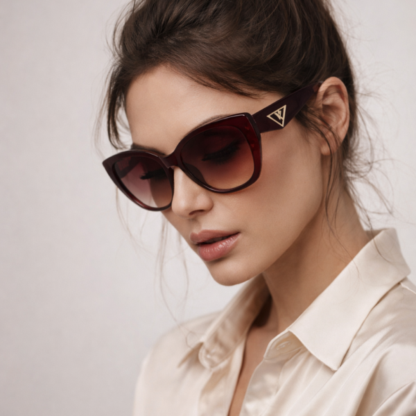 Woman with a high bun wearing oversized burgundy sunglasses and a cream satin blouse, posing against a neutral backdrop.
