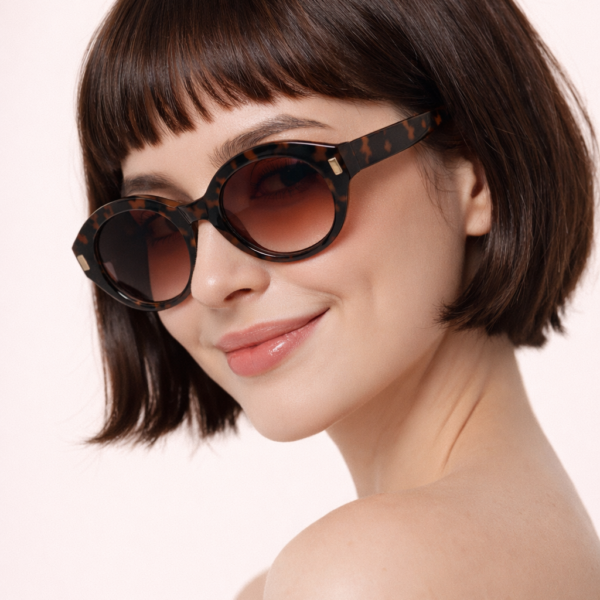 Woman with a short brown bob and round tortoiseshell sunglasses, smiling against a pale pink background.