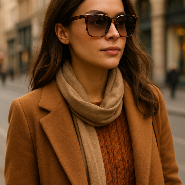 Woman with brown hair wearing large tortoiseshell sunglasses, a camel coat, and beige scarf walking on a city street.