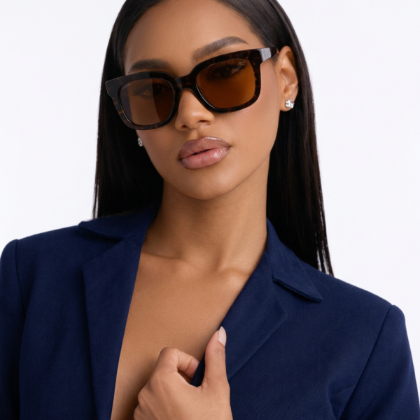 Woman wearing oversized tortoiseshell sunglasses and a navy blazer, touching her lapel.
