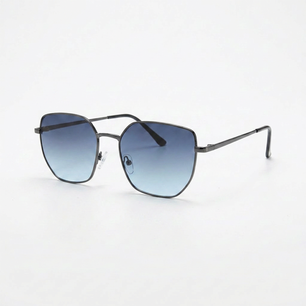 Sunglasses with a thin metal frame and gradient blue lenses on a white background, angled to show tint.