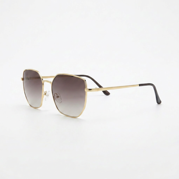 Gold-toned metal sunglasses with square gradient brown lenses on a white backdrop, showing nose pads and slender temples.