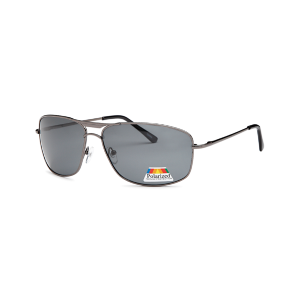Aviator-style sunglasses with gray polarized lenses and a metal frame on a white background, showing the Polarized sticker on the lens, ready for sale.