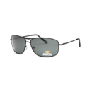 Metal-framed polarized sunglasses with dark grey lenses on a white background, sticker reads 'Polarized 100% UV Protection'