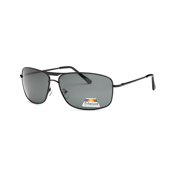 Metal-framed polarized sunglasses with dark grey lenses on a white background, sticker reads 'Polarized 100% UV Protection'