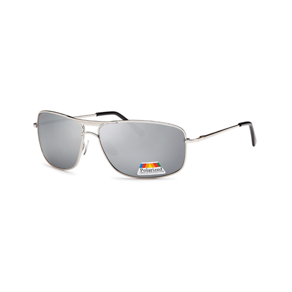 Sunglasses with silver frame and gray polarized lenses, lying on a white background (polarized sticker visible on lens).