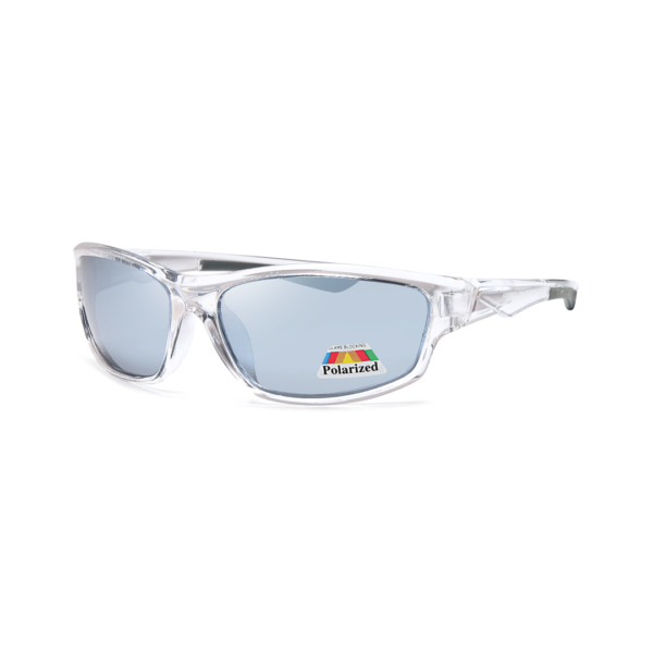 Clear-framed sunglasses with light-blue polarized lenses and a Polarized sticker on the right lens