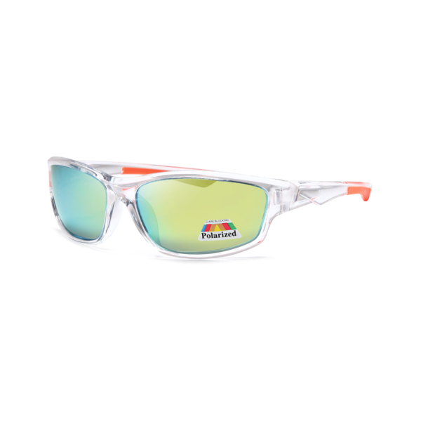 Clear-frame sunglasses with mirrored yellow-green lenses and orange accents, labeled Polarized on the lens.