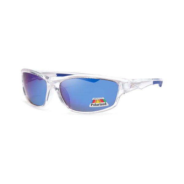 Clear plastic sunglasses with blue mirrored polarized lenses and a white frame, resting on a white background, sticker reading 'Polarized' on the lens