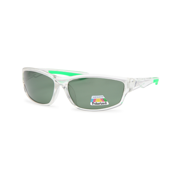 Clear plastic sunglasses with gray-green lenses and neon green accents on the arms; polarized lens sticker visible on one lens.