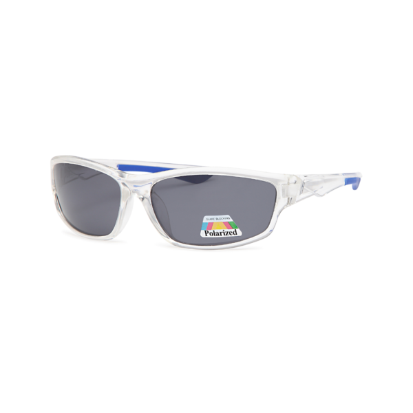 Clear-framed sunglasses with dark polarized lenses and blue temple accents, shown in profile.