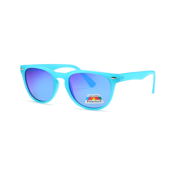 Blue frame sunglasses with mirrored blue lenses and a polarization sticker on the lens, front view of the pair