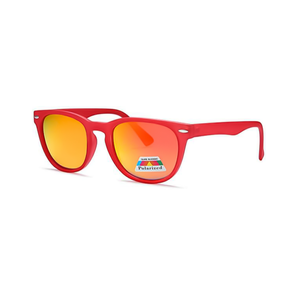 Red sunglasses with orange mirrored lenses and a bold frame set against a white background, viewed from the side.