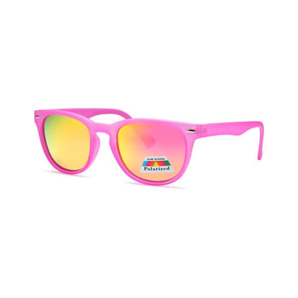 Pink plastic sunglasses with mirrored yellow–pink lenses and a Polarized sticker on the right lens.