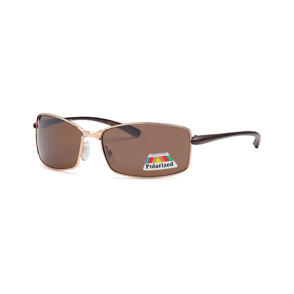 Brown polarized sunglasses with a slim metal frame and nose pads, sticker reading Polarized on one lens.