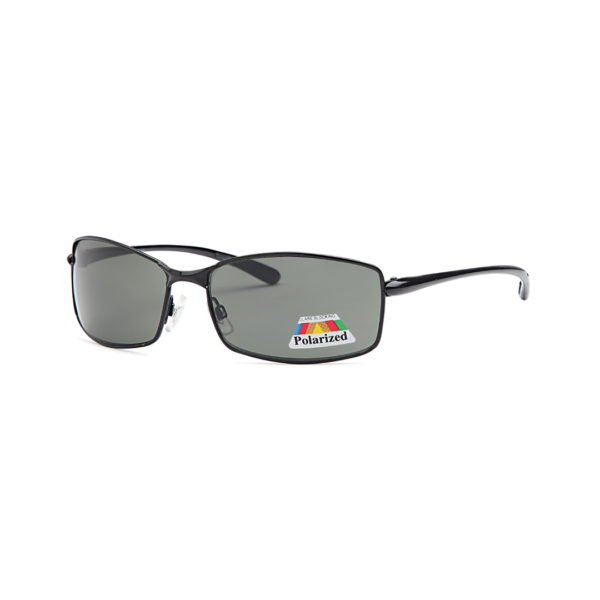 Polarized sunglasses with dark lenses and a sticker on the right lens reading 'Polarized'