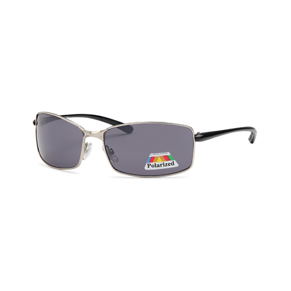 Polarized sunglasses with a metal frame and dark lenses, shown against a white background with a sticker on the lens that reads 'Polarized'.