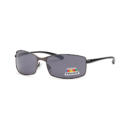 Rectangular black-frame sunglasses with dark gray polarized lenses on a white background, sticker visible on the lens.