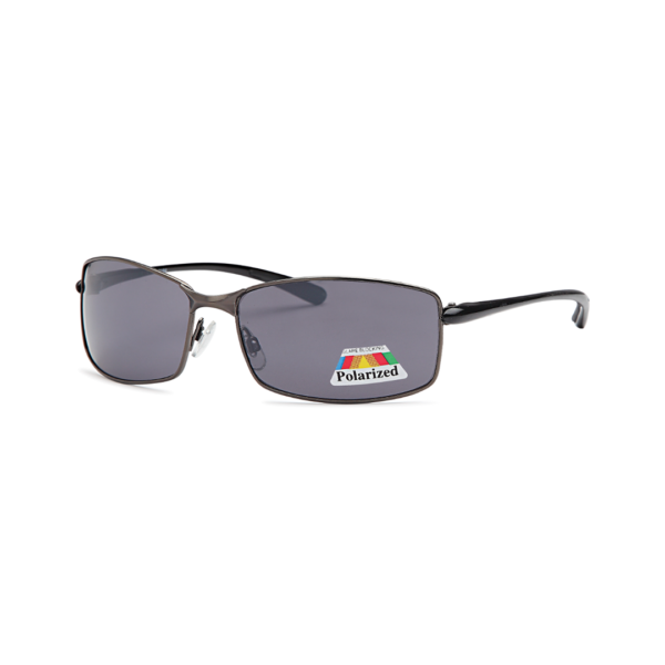 Rectangular black-frame sunglasses with dark gray polarized lenses on a white background, sticker visible on the lens.