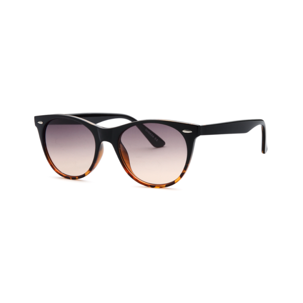 Cat-eye sunglasses with black frame, tortoiseshell accent on the bottom rim, and pink gradient lenses on a white background.