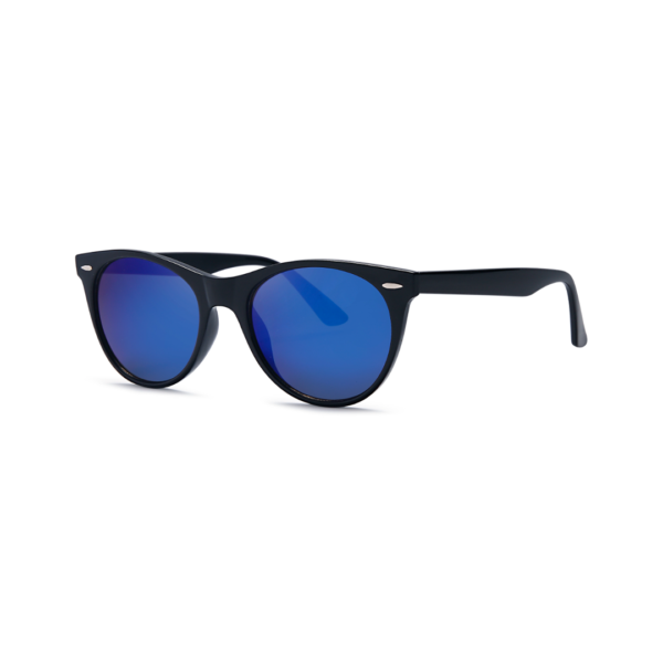 Black wayfarer-style sunglasses with blue mirrored lenses on white background