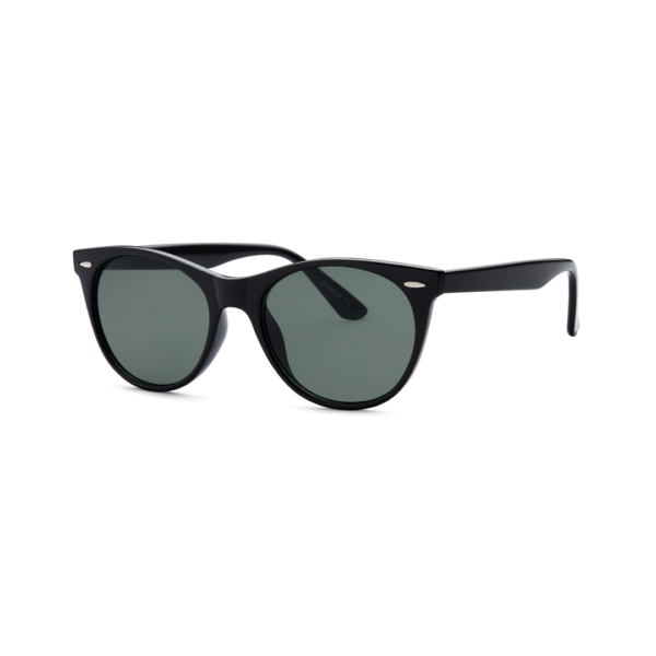 Black Wayfarer-style sunglasses with dark lenses on a white background.