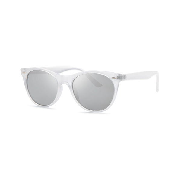 White plastic sunglasses with gray lenses, front-facing view on a white background (informative product photo)
