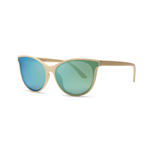 Beige cat-eye sunglasses with blue-green mirrored lenses, fashion accessory.