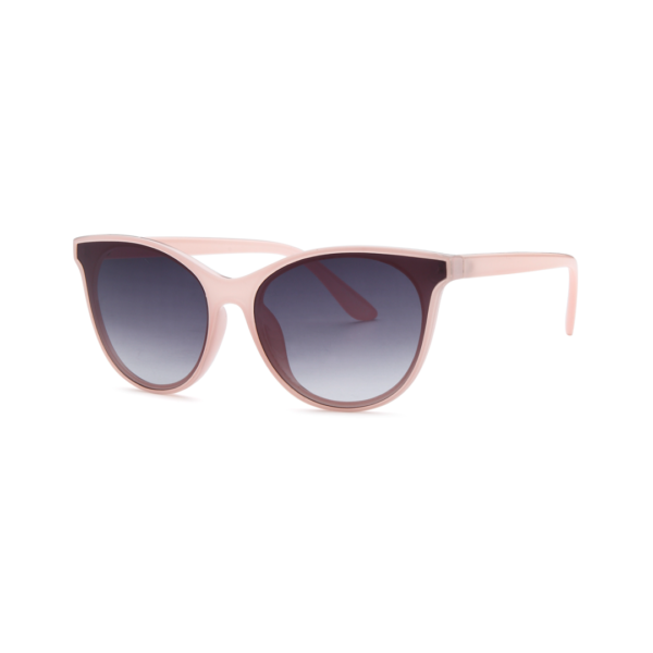 Pink-framed sunglasses with gradient blue lenses, stylish cat-eye shape.
