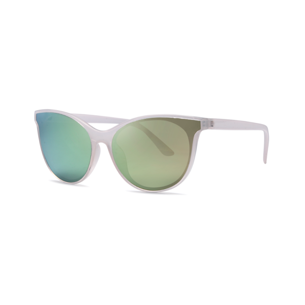 White-framed sunglasses with mirrored blue-green gradient lenses, angled to show side arm contact.