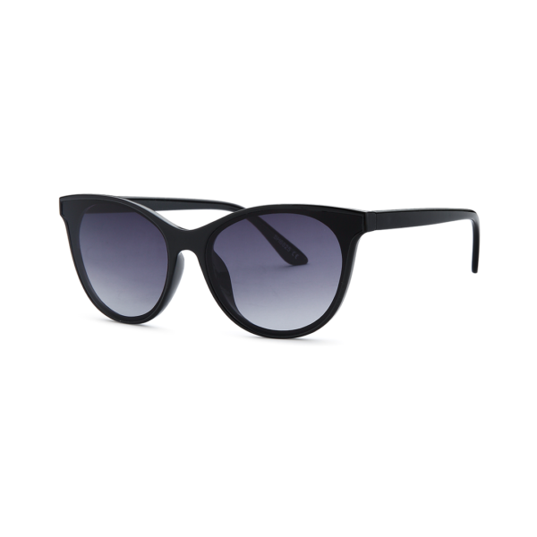 Black sunglasses with a glossy black frame and gradient lenses transitioning from dark at the top to lighter gray at the bottom, on a white backdrop.
