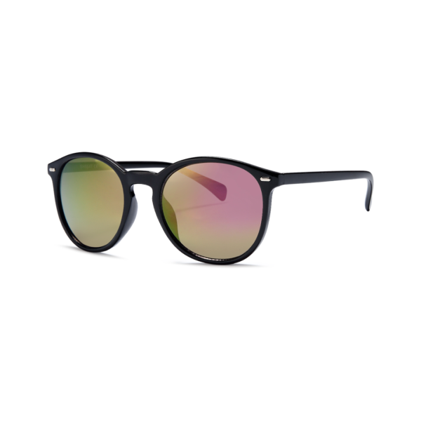 Black plastic sunglasses with round frames and iridescent mirrored lenses on a white background, angled to show both lenses.