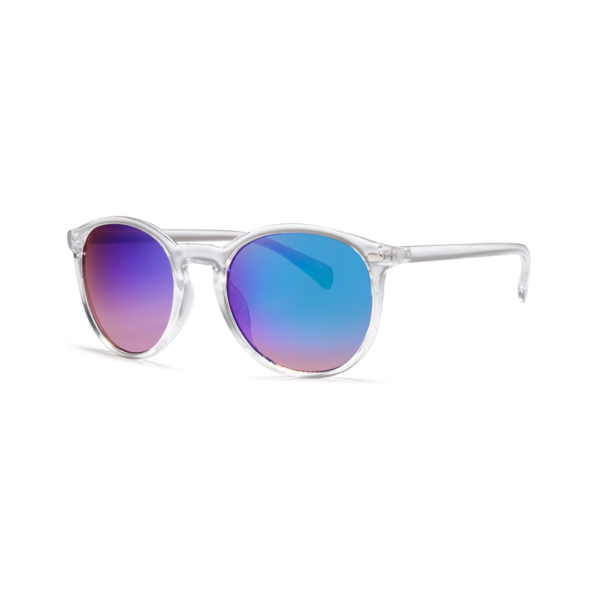 Clear-frame sunglasses with round lenses and blue-purple mirrored tint, angled to the right on a white background