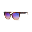 Tortoiseshell cat-eye sunglasses with purple gradient mirrored lenses on a white background, front view.