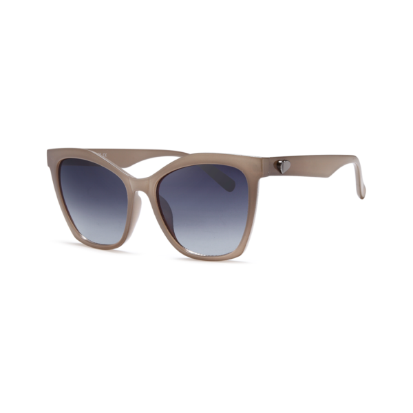 Beige wayfarer sunglasses with gradient blue lenses and a small heart accent on the temple edge.