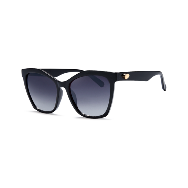 Black oversized sunglasses with gradient lenses and a small gold heart detail on the temple
