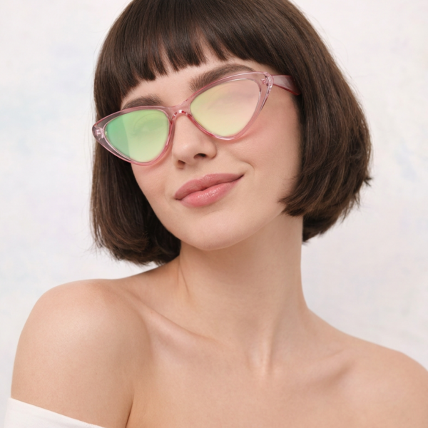 Woman with a short brown bob wearing pink cat-eye glasses with pastel lenses, posing off-shoulder in white top.