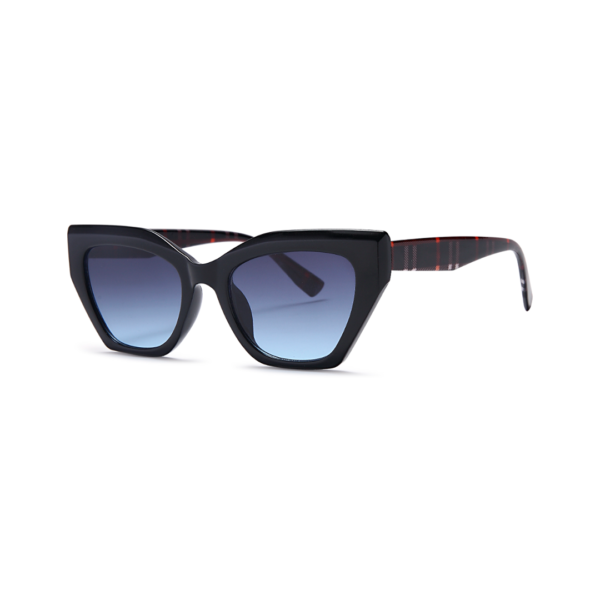 Black cat-eye sunglasses with blue gradient lenses and red plaid arms on a white background.