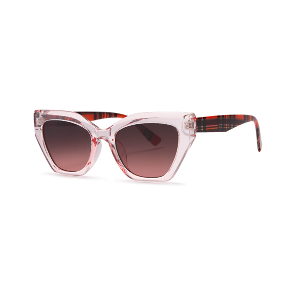 Pink transparent cat-eye sunglasses with gradient brown lenses and tortoiseshell-patterned temples beside a white background.