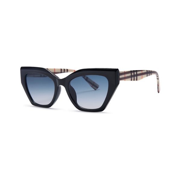 Black oversized sunglasses with gradient blue lenses and plaid-patterned arms.