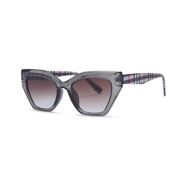 Gray translucent cat-eye sunglasses with plaid patterned arms and gradient lenses, front view