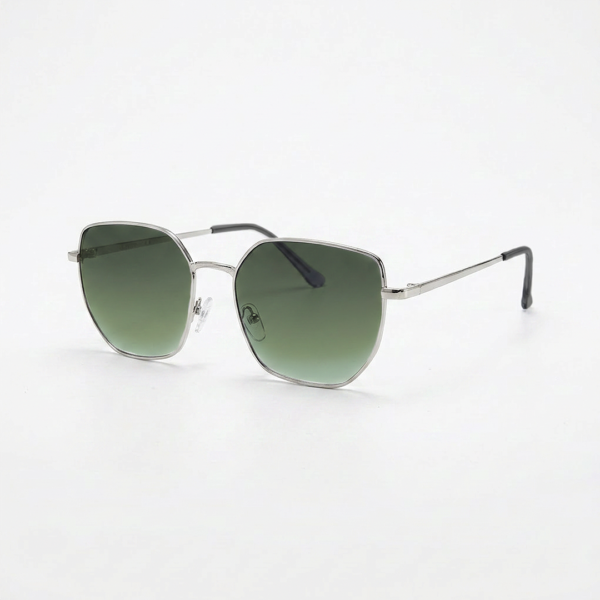 Metal-frame sunglasses with green gradient lenses on a white background, showcasing a sleek, modern design.