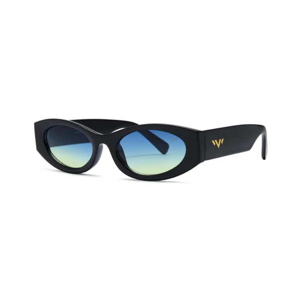 Black cat-eye sunglasses with gradient blue-to-green lenses and a gold W logo on the temple