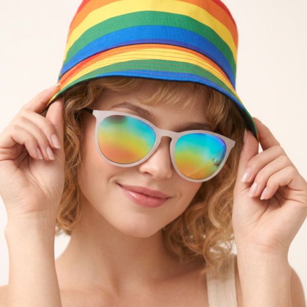 Young woman smiling, wearing a rainbow-striped bucket hat and white sunglasses with mirrored rainbow lenses.