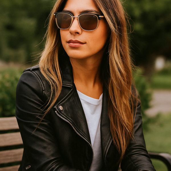 woman sitting on a parl bench wearing trendy square premium sunglasses