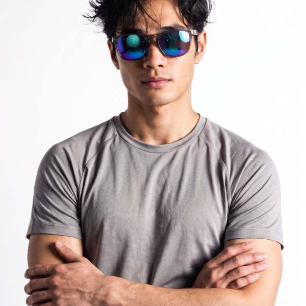 Man wearing reflective sunglasses with arms crossed, facing the camera against a white background.