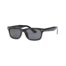 Black rectangular sunglasses with gray lenses on a white background.