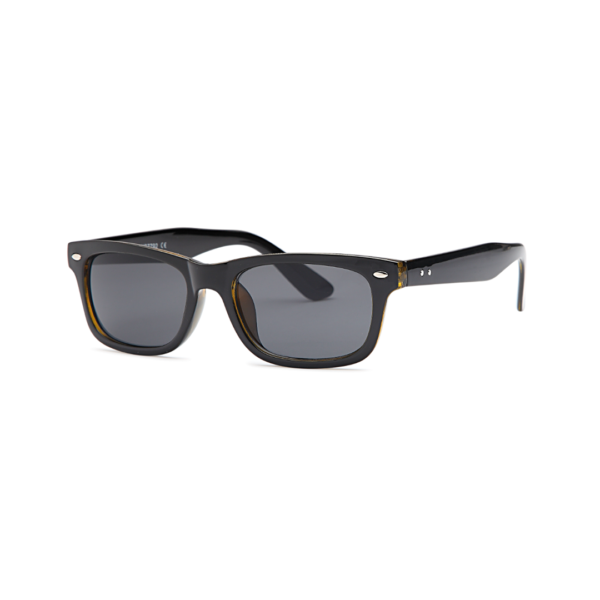 Black rectangular sunglasses with gray lenses on a white background.